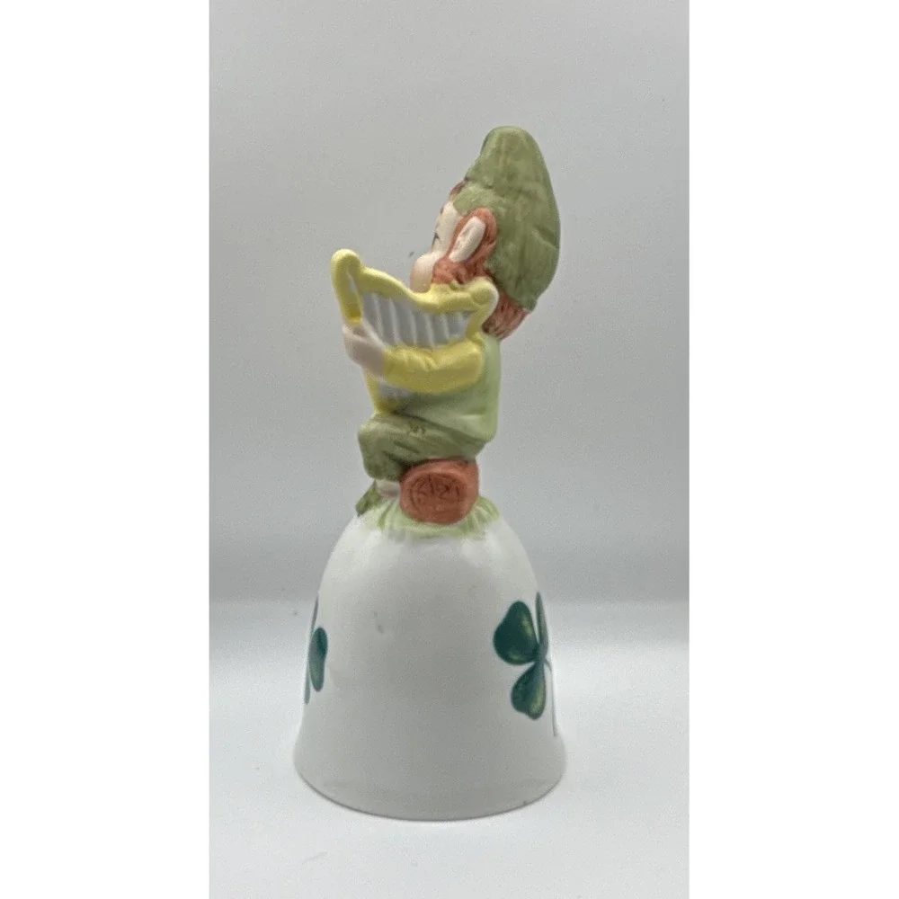 Ceramic Irish Shamrock Bell w/ Leprechaun Harp Figurine Top, Hand Painted 5in